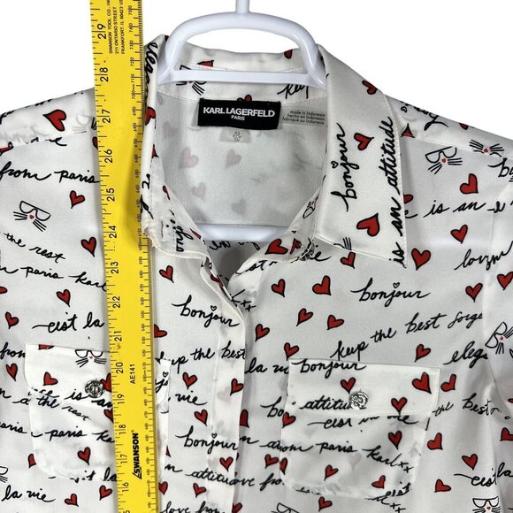Karl Lagerfeld Paris XS White Blouse Red Heart Script Button Up Roll Tab Sleeve - Picture 12 of 16